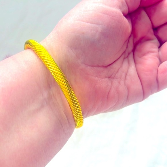 Yellow Twisted Cable Bangle Cuff Bracelet with Crystal Ends - Picture 6 of 7